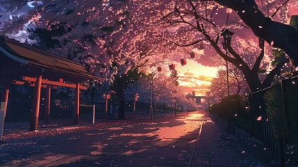 Tuinposter dusk over a park full of sakura flowers, manga style generative ai © ThisDesign