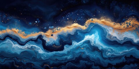 Abstract marble stone background, where the blue gradients of the sea merge with the indigo blues of the sky, only separated by a line of golden dust. Lux wallpaper. Generative AI - obrazy, fototapety, plakaty