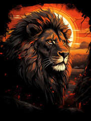 T-shirt design, powerful lion portrait, regal and intense, African savanna background, sunset colors, deep oranges and blacks created with Generative Ai