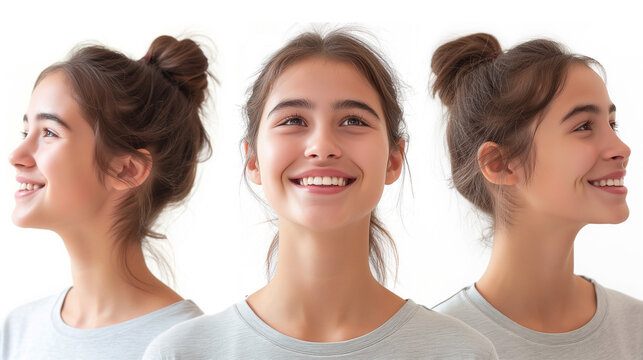 Portrait of a smiling teenage girl in three different angles on a white background.