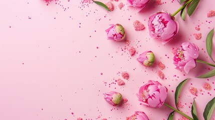 Women's Day concept. Top view photo of pink peony rose buds and sprinkles on isolated pastel pink background with copyspace - obrazy, fototapety, plakaty