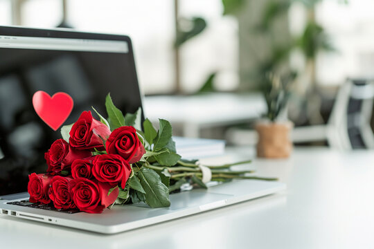 in office, at workplace, heart is painted on monitor screen, and on keyboard there is a bouquet of red roses, the concept of online tokens of attention, a romantic workplace, online congratulations