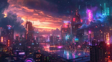 Night sky over a futuristic city, manga style. generative ai - obrazy, fototapety, plakaty