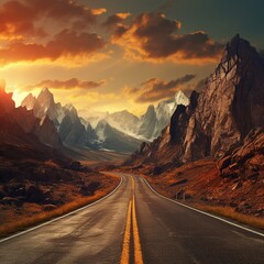 Highway with mountain scenery sunset AI Generated pictures