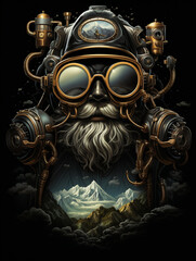 Fototapeta na wymiar T-shirt design, steampunk aviator, vintage flying gear, goggles and leather, soaring above clouds, adventurous and nostalgic created with Generative Ai