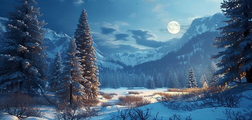 Witness the enchanting allure of a 3D Christmas snowy scene, with a landscape covered in snow,...