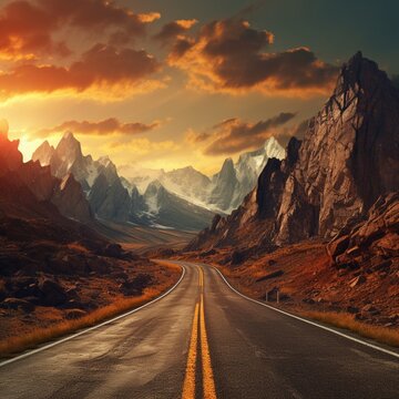 Highway with mountain scenery sunset AI Generated pictures
