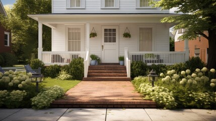 Fototapeta na wymiar Classic white clapboard house with the red brick sidewalk.