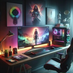 Gaming setup with RGB lighting, LED gaming room