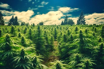 Cannabis field with blue sky and white clouds. Green background.