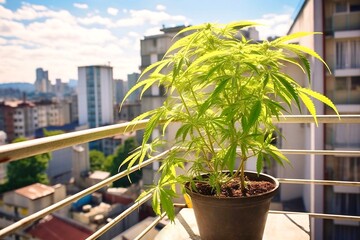 Marijuana leaves are grown at home on the balcony of an apartment.