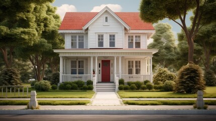 Fototapeta na wymiar Classic white clapboard house with the red brick sidewalk.