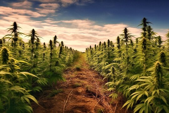 Cannabis Plantation in the field. Thematic photos of hemp and marijuana Green leaf of cannabis. background image.