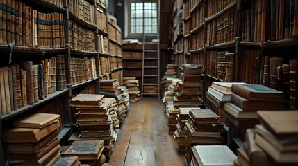 Obraz premium Step into the past with our captivating stock photo featuring a vast collection of old ancient books and historical manuscripts in a library setting. Wide format, hand-edited by generative AI.