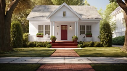 Classic white clapboard house with the red brick sidewalk.