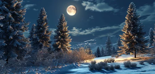 Fototapeten Witness the enchanting allure of a 3D Christmas snowy scene, with a landscape covered in snow, elegant fir trees standing tall, and the moon casting its soft light on the peaceful winter night. © Bryam