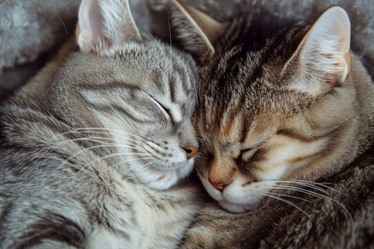 Two cats snuggling together. Two adorable kittens sleeping together close up. Generative AI