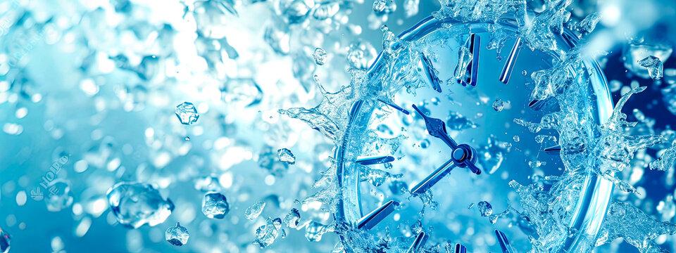 clock with its hands and splashing water frozen in time, set against a cool blue-toned background, symbolizing the ephemeral nature of time