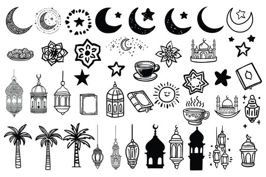 Ramadan and Eid Al-Fitr hand drawn vector illustrations set. Muslim holiday's symbols - fanous, prayer beads, decorative, food and drinks, prayer mat. Outline vector illustration