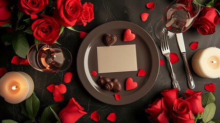 A top view of an elegant dinner table setting for two with red roses, heart-shaped chocolates and two champagne glasses. 