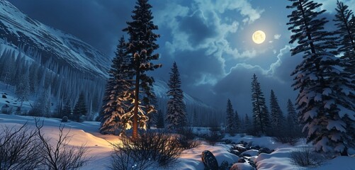 Witness the enchanting allure of a 3D Christmas snowy scene, with a landscape covered in snow,...