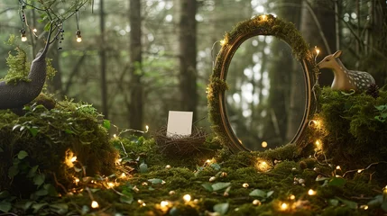 Gordijnen A mossy forest floor with fairy lights, a small mirror and a blank valentine's card. © Dannchez
