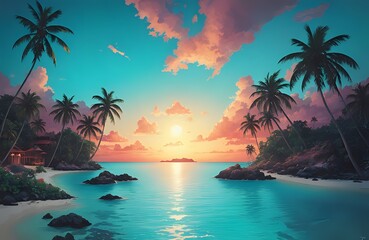Fototapeta na wymiar tropic weather beach and palm tree summer landscape illustration generated by ai