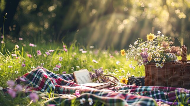 A lush green grass background with a picnic basket, a bouquet of wildflowers, a plaid blanket and a blank valentine's card. 