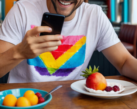 young man smiling in vibrant colors in a modern cafe taking photos with his smartphone of a healthy breakfast of delicious fruits on a beach, he is a content creator for social networks,created with A