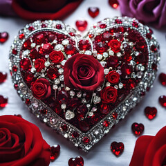 A heart shaped jeweled object with red roses and gems.