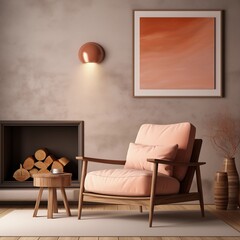 modern living interior with fireplace peach color
