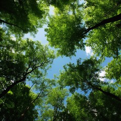 Fototapeta premium forest trees view from below into the sky. nature green wood sunlight backgrounds. AI.