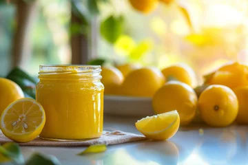 Foto op Plexiglas A jar of homemade lemon curd with fresh lemons © Madeleine Steinbach