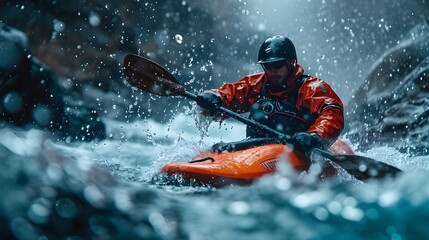 Fototapeta premium Explore the excitement of conquering mountain river rapids through our stunning image of whitewater kayaking. Hand-edited with generative AI for a dynamic visual experience.