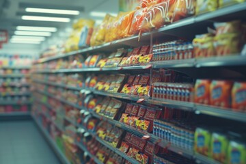 shelves in a supermarket with blurred background Generative AI - obrazy, fototapety, plakaty