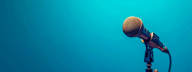 A sleek microphone on a stand set against a gradient blue background, symbolizing communication, performance, and the power of speech.