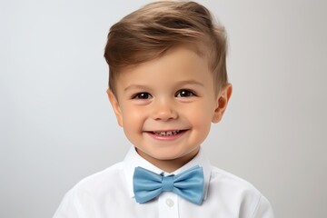A little boy in a white shirt with a blue bow tie is smiling against a bright studio background. The child celebrates his birthday. Generated by AI.