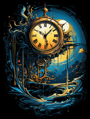 T-shirt design, surreal timepiece, melting clocks, Dali-inspired, dreamlike and distorted created with Generative Ai