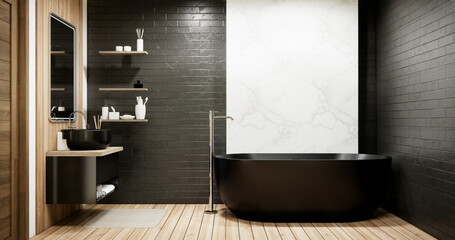 Wooden and black granite wall in Japan bathroom modern Onsen minimal style - obrazy, fototapety, plakaty