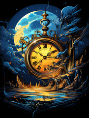 T-shirt design, surreal timepiece, melting clocks, Dali-inspired, dreamlike and distorted created with Generative Ai