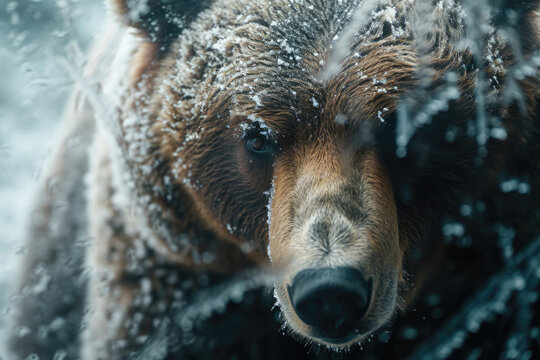 A close up photograph of a bear in the snow. This image can be used to depict winter wildlife or for nature-themed projects