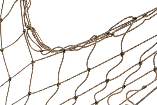 Football or tennis net. Torn rope mesh on a white background close-up