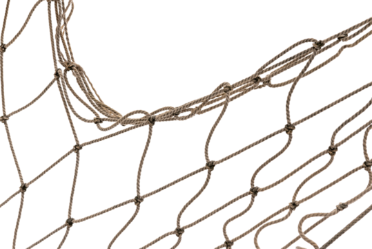 Football or tennis net. Torn rope mesh on a white background close-up
