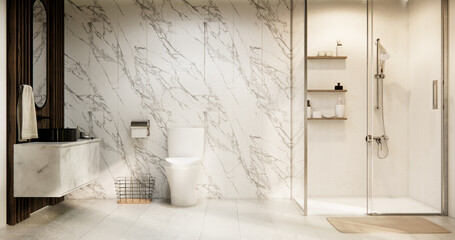 shower in white bathroom modern minimal style. - obrazy, fototapety, plakaty