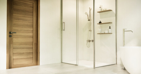 shower in white bathroom modern minimal style.