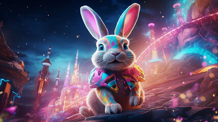 cute rabit with magical view ai generative image - obrazy, fototapety, plakaty