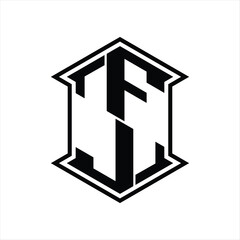 FJ Logo monogram hexagon shield shape up and down with sharp corner isolated style design
