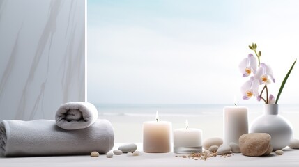 beauty treatment items arranged on a white wooden table, including massage stones, essential oils, and sea salt, a serene spa atmosphere with ample copy space.