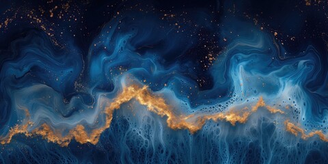 Golden waves above aquamarine, navy and indigo blue gradient colors. Exquisite lux design Wallpaper. Generative AI - obrazy, fototapety, plakaty