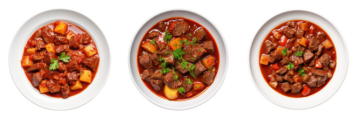 Set of Goulash on a plate  top view isolated on a transparent background